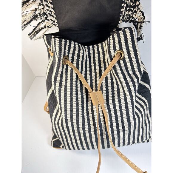 World Market Boho Backpack Purse Black White Stripe Fringe Wood Handle Woven - Picture 3 of 6